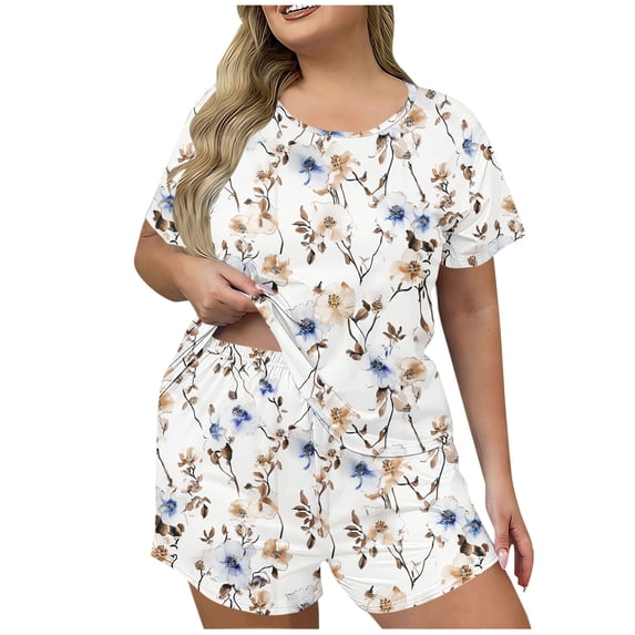 STETMN Women's Plus Size Print Pajama Set, Short Sleeve Top & Shorts 2-Piece Set, Soft Loungewear Sleepwear XL-5XL