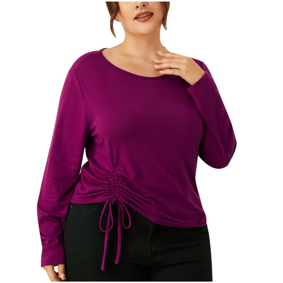 STETMN Women's Plus Size Tops Loose Drawstring Pleated T-Shirt Casual Long Sleeve Fall Shirts