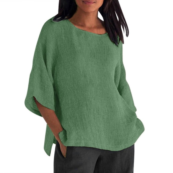 STETMN Women's Plus Sized Tops Cotton Linen 3/4 Sleeve T-shirt Round Neck Loose Lightweight Tee