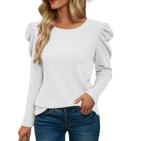 STETMN Women's Puff Sleeve Tops Casual Waffle Knit Trendy Blouse Crew Neck Loose Fit Comfy T-Shirt