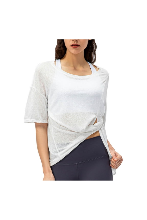 Women Sheer Mesh Top Sexy See Through Side Split Half Sleeve Tees Loose Summer Shirts