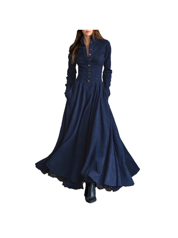 Women's Retro Maxi Dress Long Sleeve Button Dresses Lace Hem A-line Swing Dress