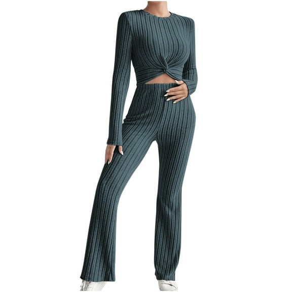 STETMN Women's Ribbed Knit Outfit Twist Front Slim Crop Sweater Wide Leg Pants Lounge Sets