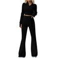 thumbnail image 1 of STETMN Women's Ribbed Knit Outfits Zip Lapel Neck Crop Sweater High Waist Wide Leg Pant Slim Sets, 1 of 5