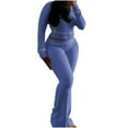 thumbnail image 1 of STETMN Women's Ribbed Knit Set Hooded Zip Up Crop Jacket High Waist Wide Leg Pant Tracksuit Outfit, 1 of 8