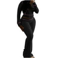 thumbnail image 1 of STETMN Women's Ribbed Knit Set Hooded Zip Up Crop Jacket High Waist Wide Leg Pant Tracksuit Outfit, 1 of 8
