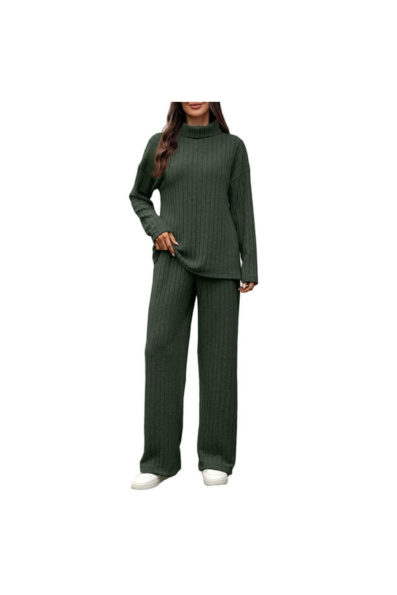 Women's Ribbed Knit Two Piece Outfits Mock Neck Pullover Top Loose Straight Pants Casual Set