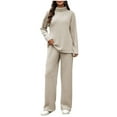 thumbnail image 1 of STETMN Women's Ribbed Knit Two Piece Outfits Mock Neck Pullover Top Loose Straight Pants Casual Set, 1 of 8