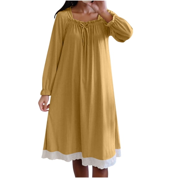 STETMN Women's Ribbed Nightgown Squared Neck Soft Dress Sleepwear Long Sleeve Nightdress