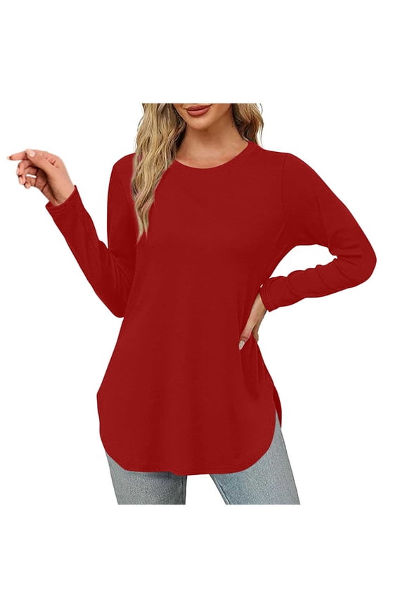 Women's Round Neck Sweatshirt Side Split Long Sleeve Top Loose Fall Pullover Shirt for Leggings