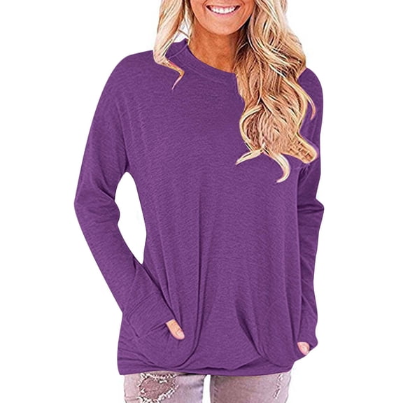 STETMN Women's Round Neck Sweatshirts Casual Loose Fitting Layer Tops Fall Long Sleeve Pocket T-Shirt