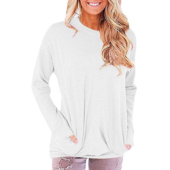 STETMN Women's Round Neck Sweatshirts Casual Loose Fitting Layer Tops Fall Long Sleeve Pocket T-Shirt