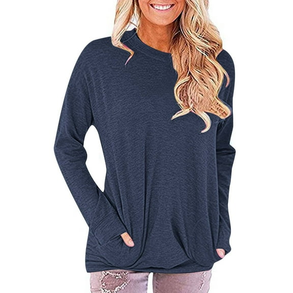 STETMN Women's Round Neck Sweatshirts Casual Loose Fitting Layer Tops Fall Long Sleeve Pocket T-Shirt