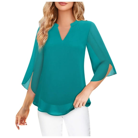 STETMN Women's Ruffle 3/4 Sleeve Tops Dressy V Neck Chiffon Shirt Casual Double Layers Blouses