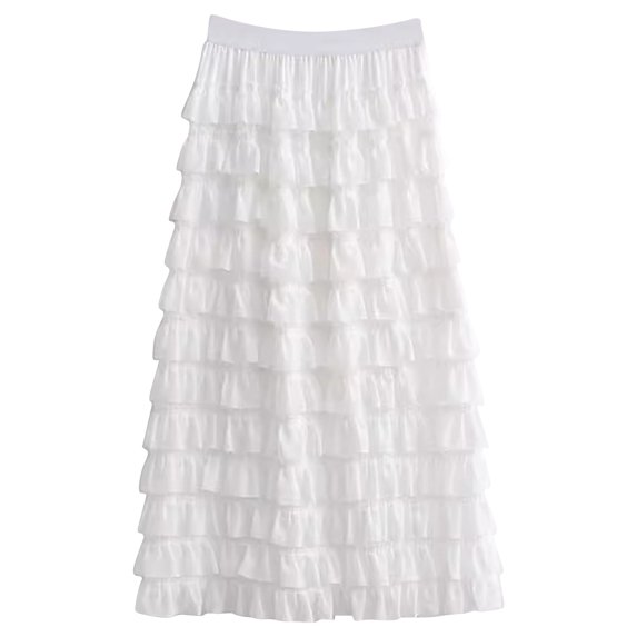 STETMN Women's Ruffle Tulle Skirt Ruched Elastic Waist Maxi Skirts Casual A-line Party Long Skirt