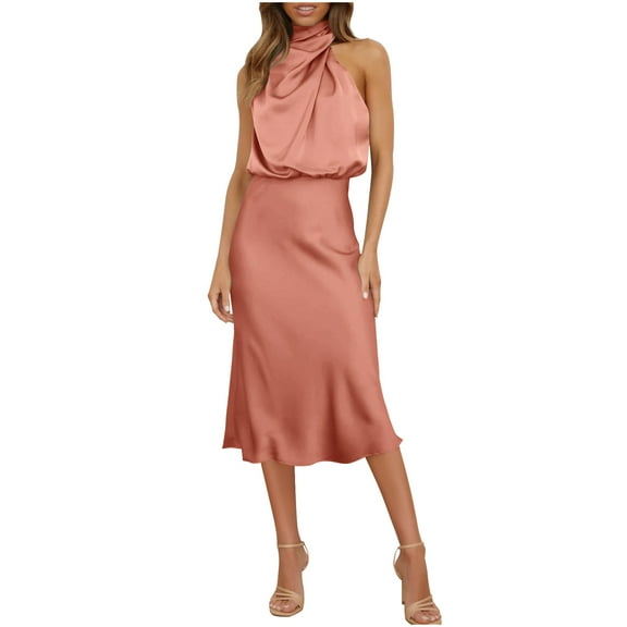 STETMN Women's Satin Dress Silky Elegant Halter Dress Bodycon Cocktail Party Dresses