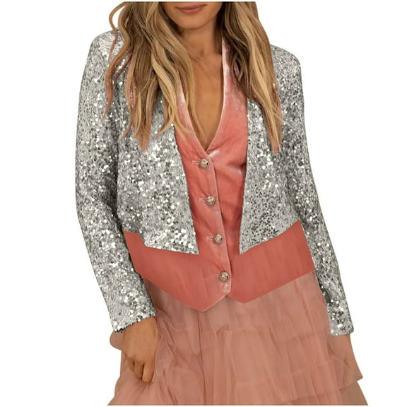 STETMN Women's Sequin Crop Cardigan 3/4 Sleeve Casual Stylish Tops Glitter Open Front Party Club Clothes