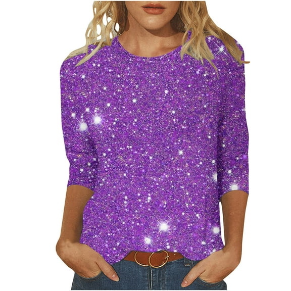STETMN Women's Sequin Glitter Tops Casual 3/4 Length Sleeve T Shirts Crewneck Sparkly Party Outfit