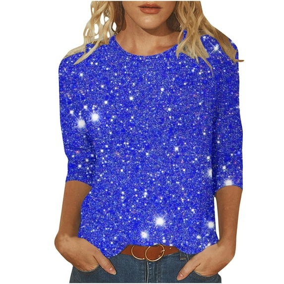 STETMN Women's Sequin Glitter Tops Casual 3/4 Length Sleeve T Shirts Crewneck Sparkly Party Outfit