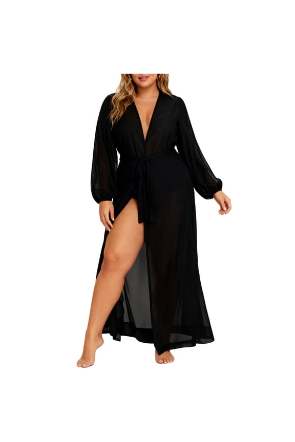Women's Sheer Long Sleeve Robe Flowy Maxi Swimsuit Cover Up Tie Front Maxi Wrap Bathrobes