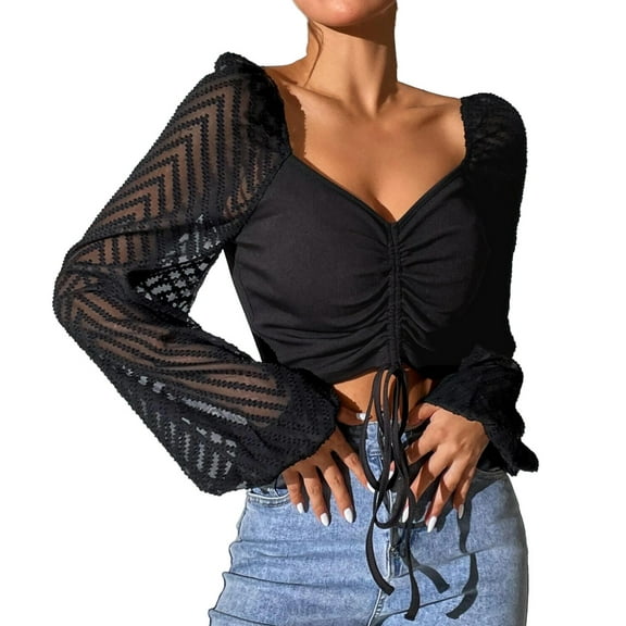 STETMN Women's Sheer Sleeve T-Shirt Slimming Drawstring Front V-Neck Tops Sexy Crop Party Club Clothes