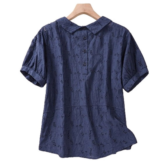 STETMN Women's Short Sleeve Shirt Button Up Collar Top Eyelet Cotton Linen Summer Tops