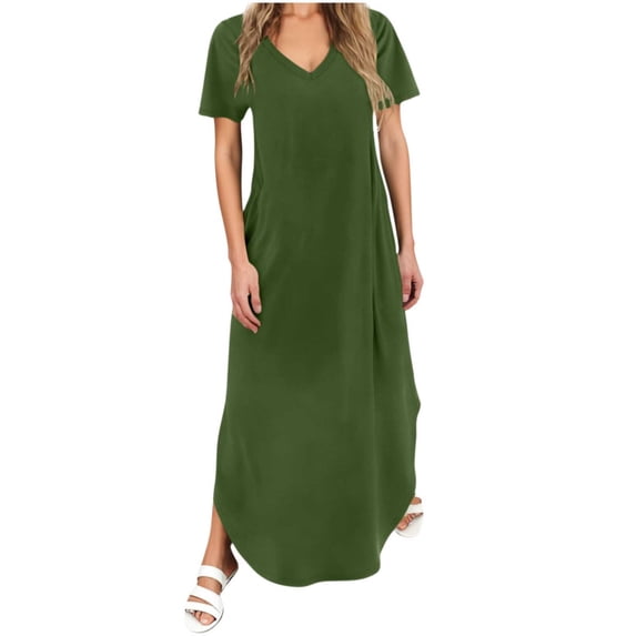 STETMN Women's Short Sleeve Summer Dress V Neck Loose Casual Maxi Sundress with Curved Hem