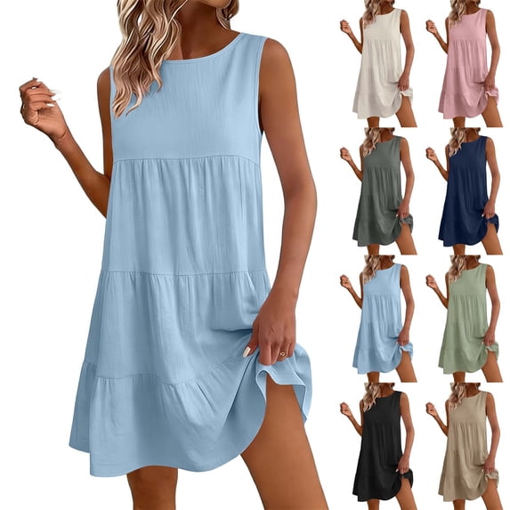 STETMN Women's Sleeveless Tiered Dress, Round Neck Loose A-Line Casual Swing Dresses Cotton Linen Dress for Summer Beachwear
