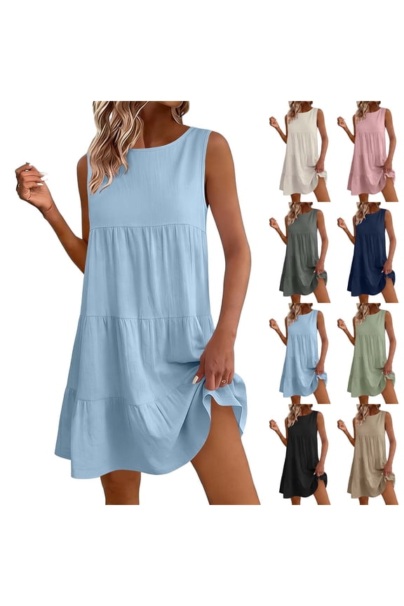 Women's Sleeveless Tiered Dress, Round Neck Loose A-Line Casual Swing Dresses Cotton Linen Dress for Summer Beachwear