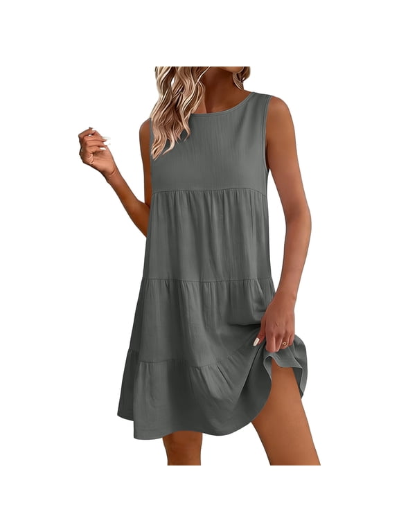 Women's Sleeveless Tiered Dress, Round Neck Loose A-Line Casual Swing Dresses Cotton Linen Dress for Summer Beachwear