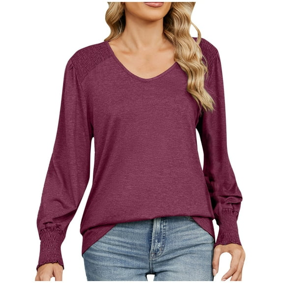 STETMN Women's Smocked Sleeve Tops Casual Crew Neck Layer T-Shirt Fall Lightweight Comfy Shirts