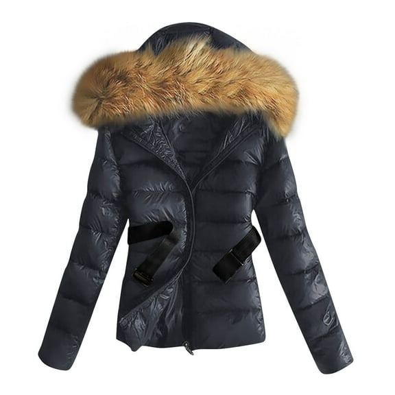 STETMN Women's Solid Quilted Jackets Faux Fur Hooded Puffer Coat Thicken Warm Outwear Coats