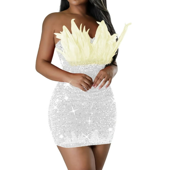 STETMN Women's Sparkly Sequin Mini Dress Strapless Feather Dresses Birthday Party Club Cocktail Homecoming