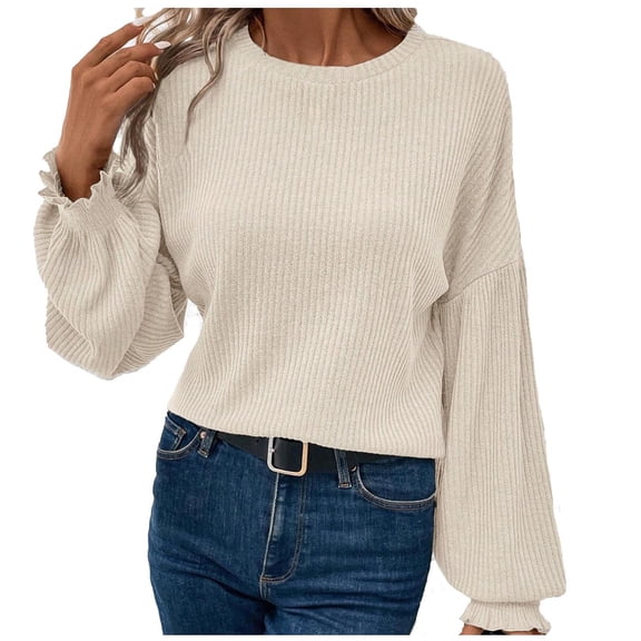STETMN Women's Spring Ribbed Knit Pullover Top Latern Sleeve Sweatshirt Loose Solid Crewneck Fall Basic Tops