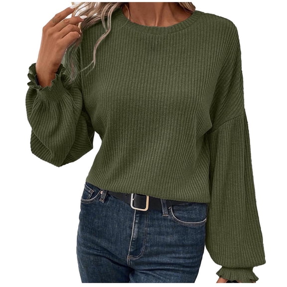 STETMN Women's Spring Ribbed Knit Pullover Top Latern Sleeve Sweatshirt Loose Solid Crewneck Fall Basic Tops