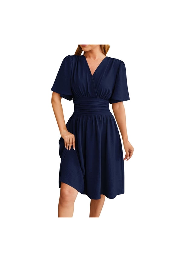 Women's Spring Summer Dresses Flare Short Sleeve V Neck Empire Waist Dress Fashion Casual Dress