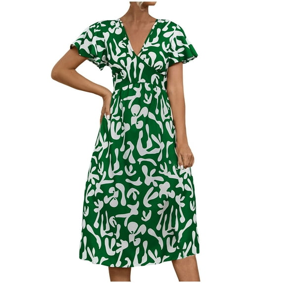 STETMN Women's Spring Summer Midi Dress Short Sleeve Boho Floral Maxi Wrap Dress Swing Beach Dress