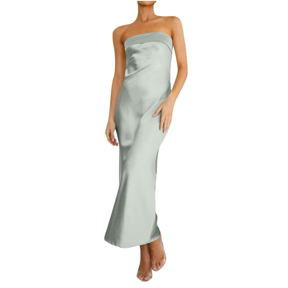 STETMN Women's Strapless Satin Tube Dresses Slik Bodycon Long Dress Wedding Guest Maxi Dress