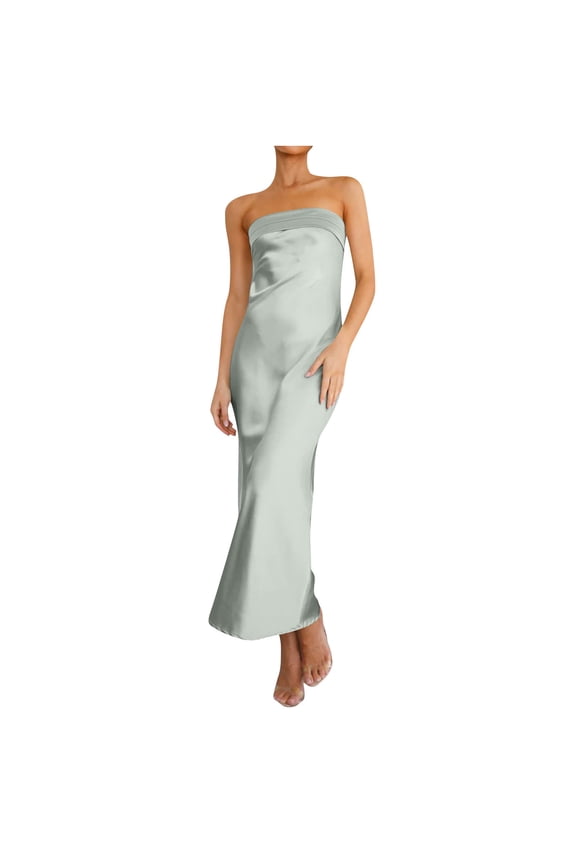 Women's Strapless Satin Tube Dresses Slik Bodycon Long Dress Wedding Guest Maxi Dress