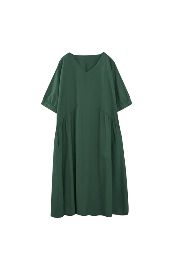 Women's Summer Maxi Dress Solid Loose Cotton Sundress V-Neck Long Dresses with Pockets