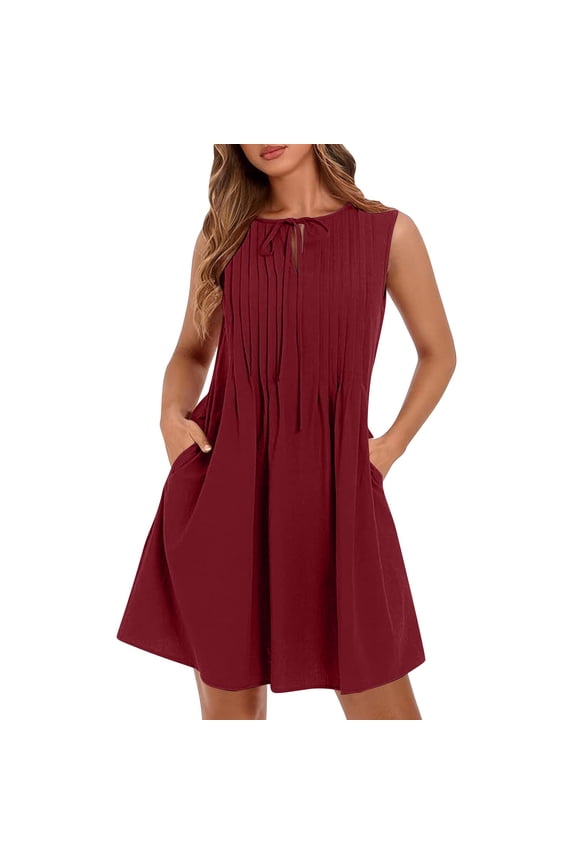 Women's Summer Mini Dress Sleeveless Ruched Dress Tie Crewneck Beachwear Dresses