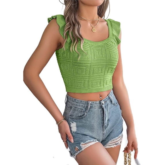 STETMN Women's Summer Ruffle Sleeve Tank Top Square Neck Knit Crop Tops Casual Cropped Tank