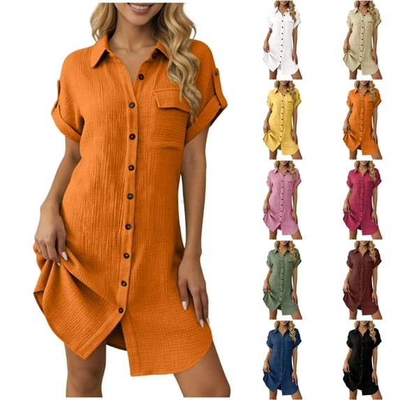 STETMN Women's Summer Shirt Dress Cuff Short Sleeve Loose Dresses Button Up Casual Dresses