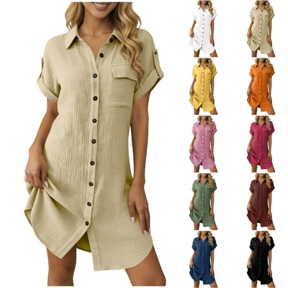 STETMN Women's Summer Shirt Dress Cuff Short Sleeve Loose Dresses Button Up Casual Dresses