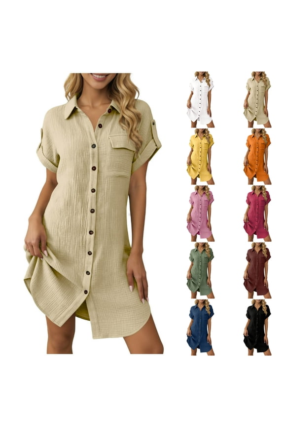 Women's Summer Shirt Dress Cuff Short Sleeve Loose Dresses Button Up Casual Dresses
