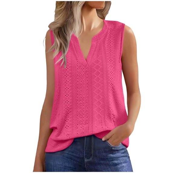 STETMN Women's Summer V Neck Tank Top, Eyelet Casual Sleeveless Blouse for Beach Vacation Daily Wear Loose Tee