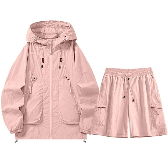 STETMN Women's Sun Protection 2 Piece Sets Hooded Zip Up Jacket Matching Loose Shorts Vacation Outfit