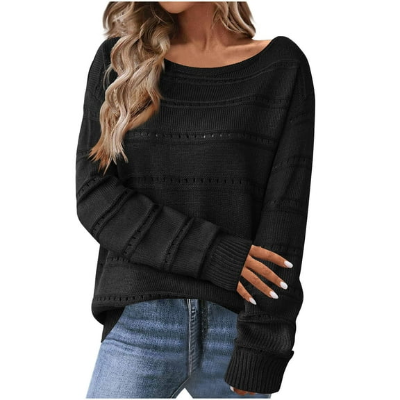 STETMN Women's Sweaters Casual Boat Neck Crochet Top Hollow Out Long Sleeve Soft Knit Sweater