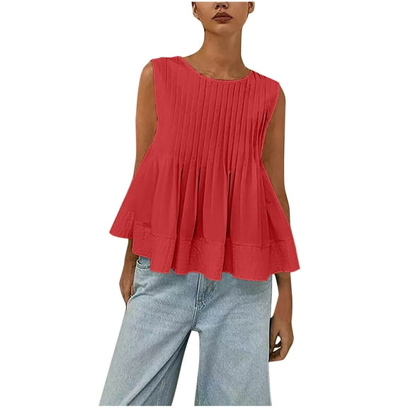 STETMN Women's Tank Tops Pleated Detail Round Neck Sleeveless Shirt Casual Summer Tshirts