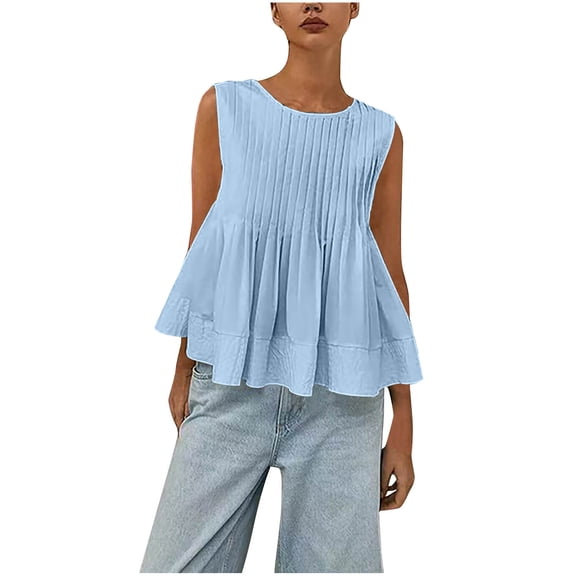 STETMN Women's Tank Tops Pleated Detail Round Neck Sleeveless Shirt Casual Summer Tshirts
